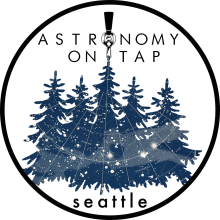Logo of Astronomy on Tap organization, constellations over outline of pine trees