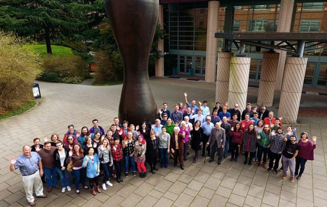 Photo of Astronomy department members, taken with a drone in the courtyard.