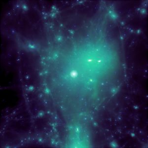 Rendering of a simulated galaxy and its surrounding halo