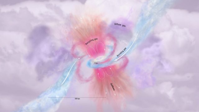 This illustration depicts the circumgalactic medium, which is primarily comprised of recycling diffuse gas being ejected from and falling back onto the central galaxy as well as the accreting gas from the intergalactic medium.