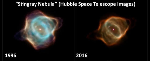 Two side-by-side Hubble Space Telescope images of the Stingray Nebula, one from 1996 and one from 2016, showing how the nebula has faded over time.