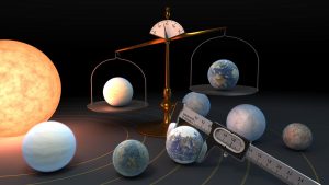 Artist's depiction of the seven TRAPPIST-1 planets, with one being weighed against Earth on a scale and one being measured with calipers. Art by Robert Hurt (NASA/JPL)