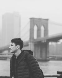 Andy Tzanidakis at Brooklyn Bridge. Black & white